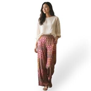 Drew Anthropologie Wide Leg Patchwork Pants Pink Brown Floral Boho Size XS
